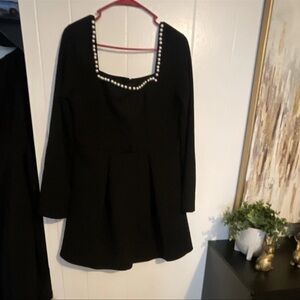 Black Long-Sleeve Pearl-Trim Dress
